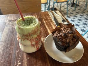 Strawberry matcha latte & Chocolate chip banana muffin   at Greens & Co in Galway