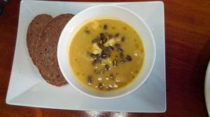 Pumpkin and cider vinegar soup with sourdough at Greens & Co in Galway