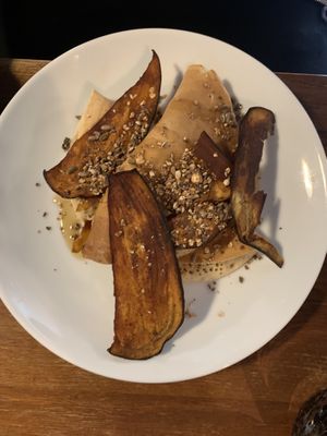 Salty Pancakes with aubergine “bacon" at Greens & Co in Galway