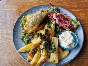 Tofish and Chips, every element absolutely gorgeous! at Greens & Co in Galway