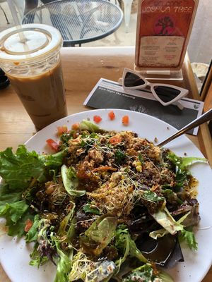 super fresh greens, great soy latte & vegan carrot cake for dessert! at Natural Sisters Cafe in Joshua Tree