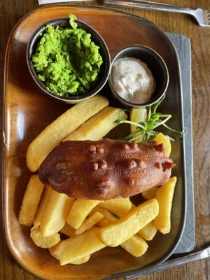 Overcooked banana blossom and undercooked chips    at The Pier House in St Austell