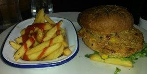 Chickpea pepper hoisin burger and fries at Bamburgh in South Shields