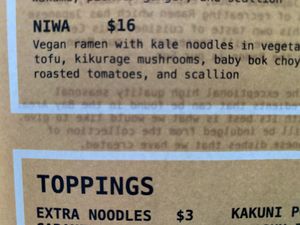 Menu with veg ramen at Sun and Moon in San Francisco