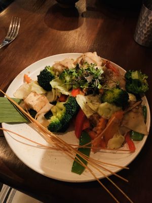 Spicy Noodles were made vegan with tofu and no oyster sauce. at Sun and Moon in San Francisco