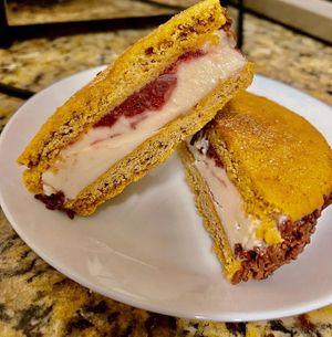 Pumpkin cookie ice cream sandwich with vanilla ice cream, cranberries and chocolate sprinkles - delicious!! at NoButcher in Las Vegas