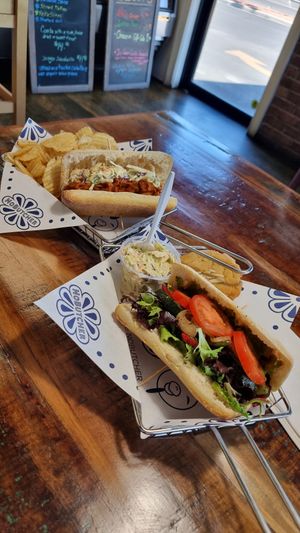 Pulled NoPork with Chips & Mediteranean Sandwich with Coleslaw at NoButcher in Las Vegas
