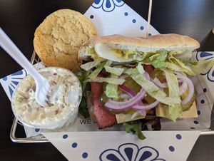 Nopastrami combo with potato salad, pina colada cookie, and rosemary lemonade. Yum! at NoButcher in Las Vegas