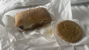 Pulled NoPork sandwich and a chewy cookie  at NoButcher in Las Vegas