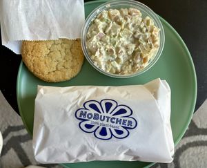 NoPastrami sandwich, potato salad and cookie   at NoButcher in Las Vegas