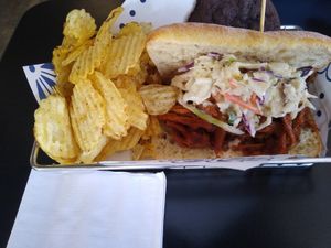 BBQ sandwich with chips at NoButcher in Las Vegas