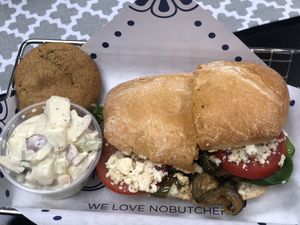 Mediterranean roasted veggie sandwich and potato salad at NoButcher in Las Vegas