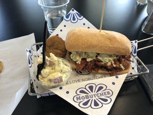 Pulled “no pork” sandwich with potato salad and a cookie.   at NoButcher in Las Vegas