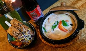 Peanut tofu sticks and coconut vegetable soup at Vegan House - Alaunstraße in Dresden