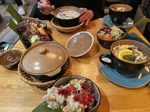Coco soup, shitake soup, gyoza, summer rolls, wakame, and something I forgot at Vegan House - Alaunstraße in Dresden