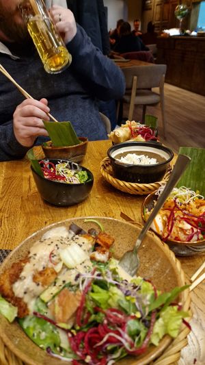 Peanut bowl with kimchi, satay, rice etc at Vegan House - Alaunstraße in Dresden