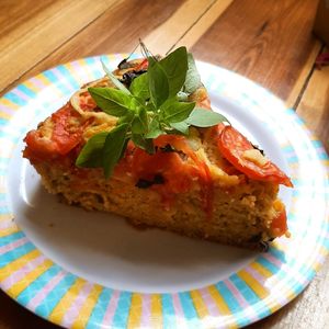 Tomato pie with onion, Basil , oregano and chickpeas at Vegostices in Recife