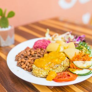 Fake Fish with rice, beans and salad R$16 at Vegostices in Recife