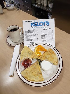 Vegetarian breakfast quesadilla, can be made vegan on request. at Kelcy's in Tehachapi