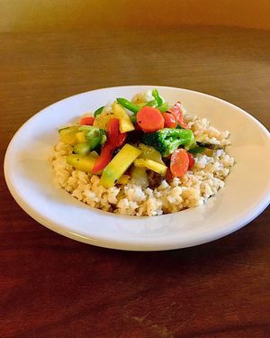 Selection of seasonal veggies sauteed in homemade vegetable sauce served over brown rice. at Kelcy's in Tehachapi