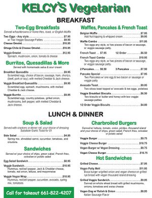 Our breakfast/lunch vegetarian and vegan options, available all day.  Additional dinner choices after 3 PM:  Vegan meatloaf, chili, veggies, vegetarian broccolli walnut fettuccine at Kelcy's in Tehachapi