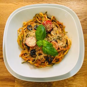 Courgette spaghetti bolognese (raw vegan) at Élelem Etterem in Budapest