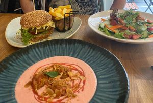 Cold creamy strawberry soup, summer burger at Élelem Etterem in Budapest