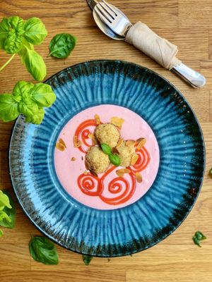 Creamy strawberry soup with cottage cheese dumplings at Élelem Etterem in Budapest