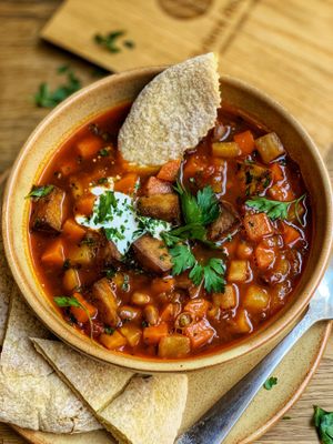 Hungarian bean goulash with smoked tofu at Élelem Etterem in Budapest