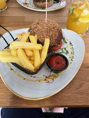 Burger with a bean + mushroom based patty  at Élelem Etterem in Budapest