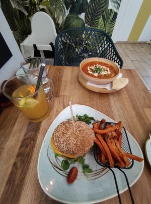 Burger with seasonal goulash soup. Very tasty. I really want to recommend this. at Élelem Etterem in Budapest