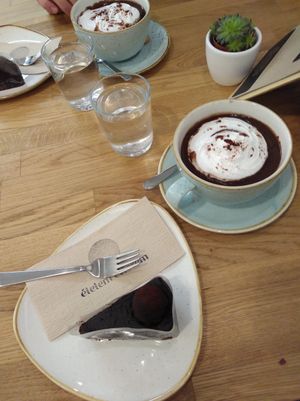 Hot chocolate and truffle chocolate cake🍫 at Élelem Etterem in Budapest