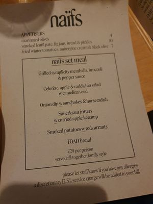Menu at Naifs in South East London