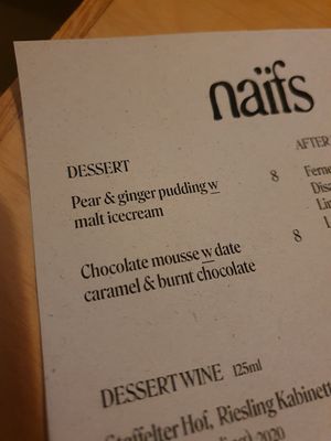 Dessert menu at Naifs in South East London