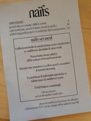 Late summer 2023 menu at Naifs in South East London