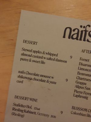 Winter 2023 dessert menu at Naifs in South East London