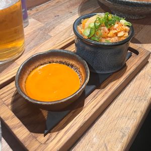 spicy sauce + kimchi (cropped out partner’s meat-containing bowl) at Tiger Bites Pig in Birmingham