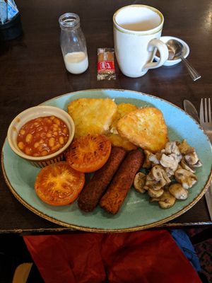 Vegan breakfast with soya milk and toast at T H Roberts Coffee Shop in Dolgellau