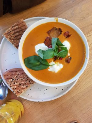 Roasted Red Pepper Soup at Sunny Side Up - Westend in Frankfurt
