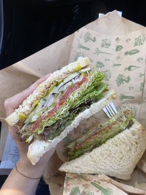 Vegan sandwich with tempeh bacon and veggies  at Wild Roots Market in Felton