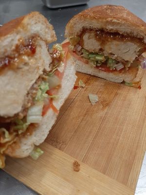 cut Chick'N burger  at Gegen in Los Angeles