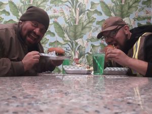 Brother and me enjoying the king burger at Gegen in Los Angeles