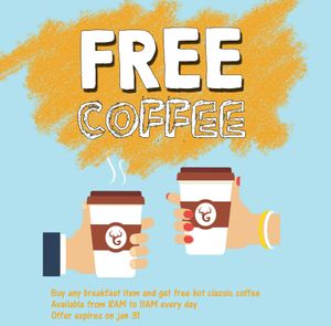 Buy any breakfast item and get free hot classic coffee
available from 8AM to 11AM every day
offer expires on jan 31 at Gegen in Los Angeles