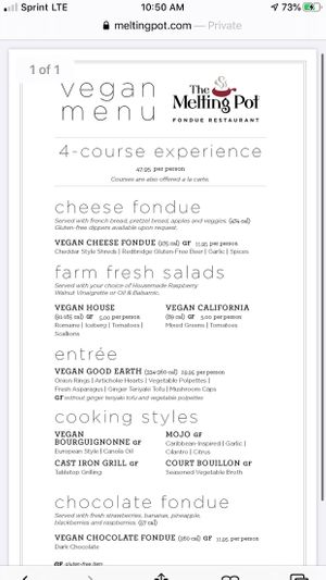 Vegan menu available at all times! at The Melting Pot in King Of Prussia