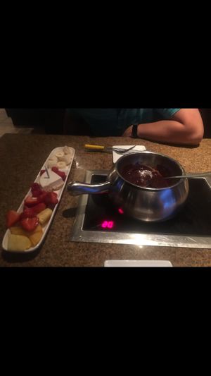 Dark chocolate vegan dessert fondue. Came with Daiya cheesecake, fruit and vegan marshmallows (not pictured). Also can get vegan hard pretzels  at The Melting Pot in King Of Prussia
