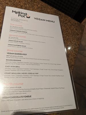 Vegan menu at The Melting Pot in King Of Prussia