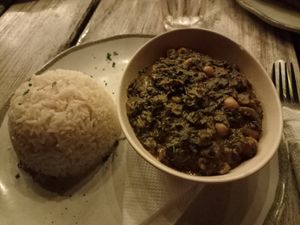 Spinach chickpeas curry with rice. at Mr Kahawa in Zanzibar