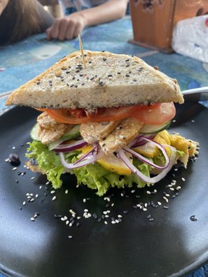 Tofu and tahini (and tempeh) sandwich  at Noina's Mystic Mountain Restaurant & Bungalows in Koh Samet