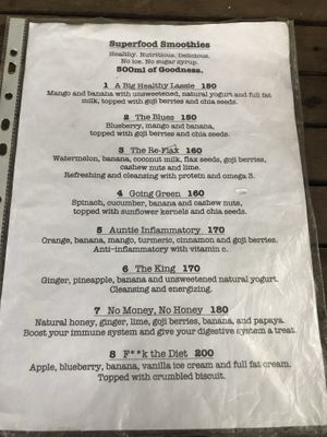 Smoothie Menu at Noina's Mystic Mountain Restaurant & Bungalows in Koh Samet