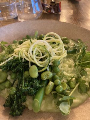 Risotto with broad beans, peas, tender stem broccoli.  at The Weaving Shed in Bradford-on-avon